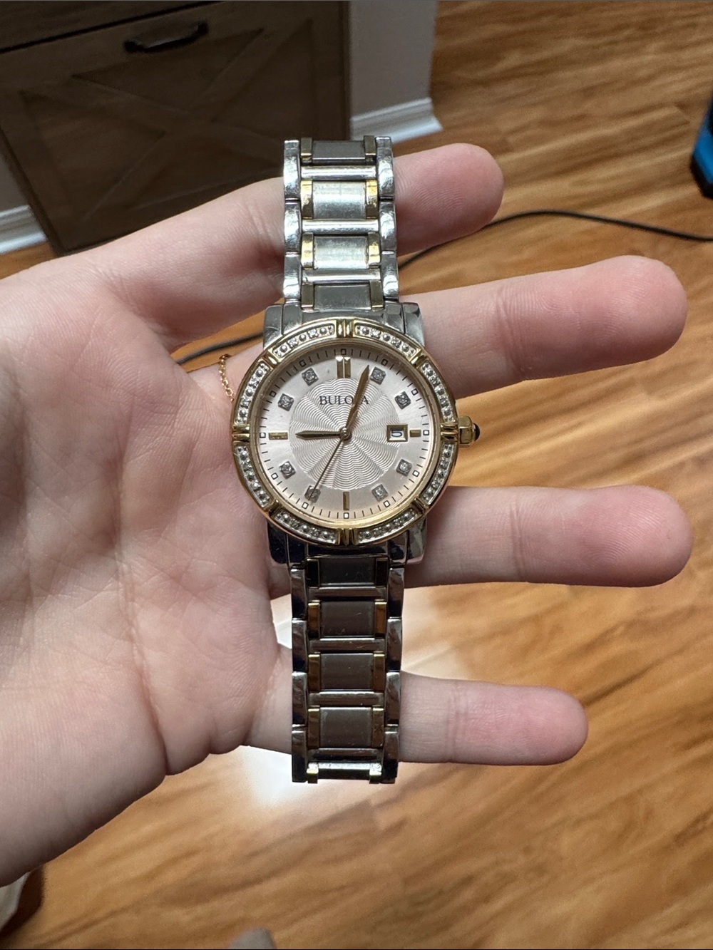 Bulova Two-Tone Silver & Gold Bracelet Watch with Crystal bezel & Diamond face